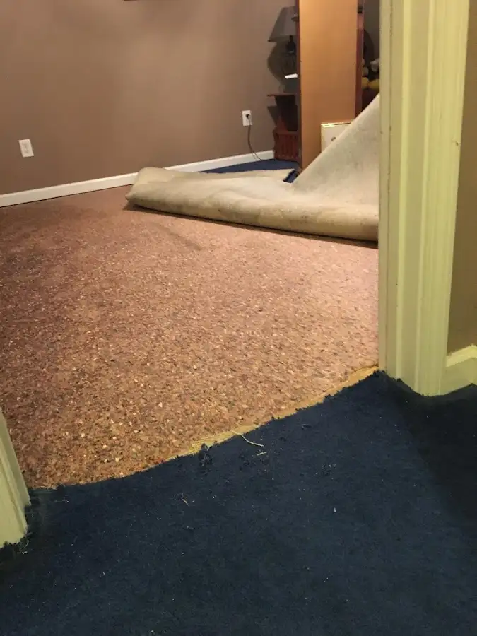 Carpet pad removal revealing water damage during Drying & Dehumidification in Schertz